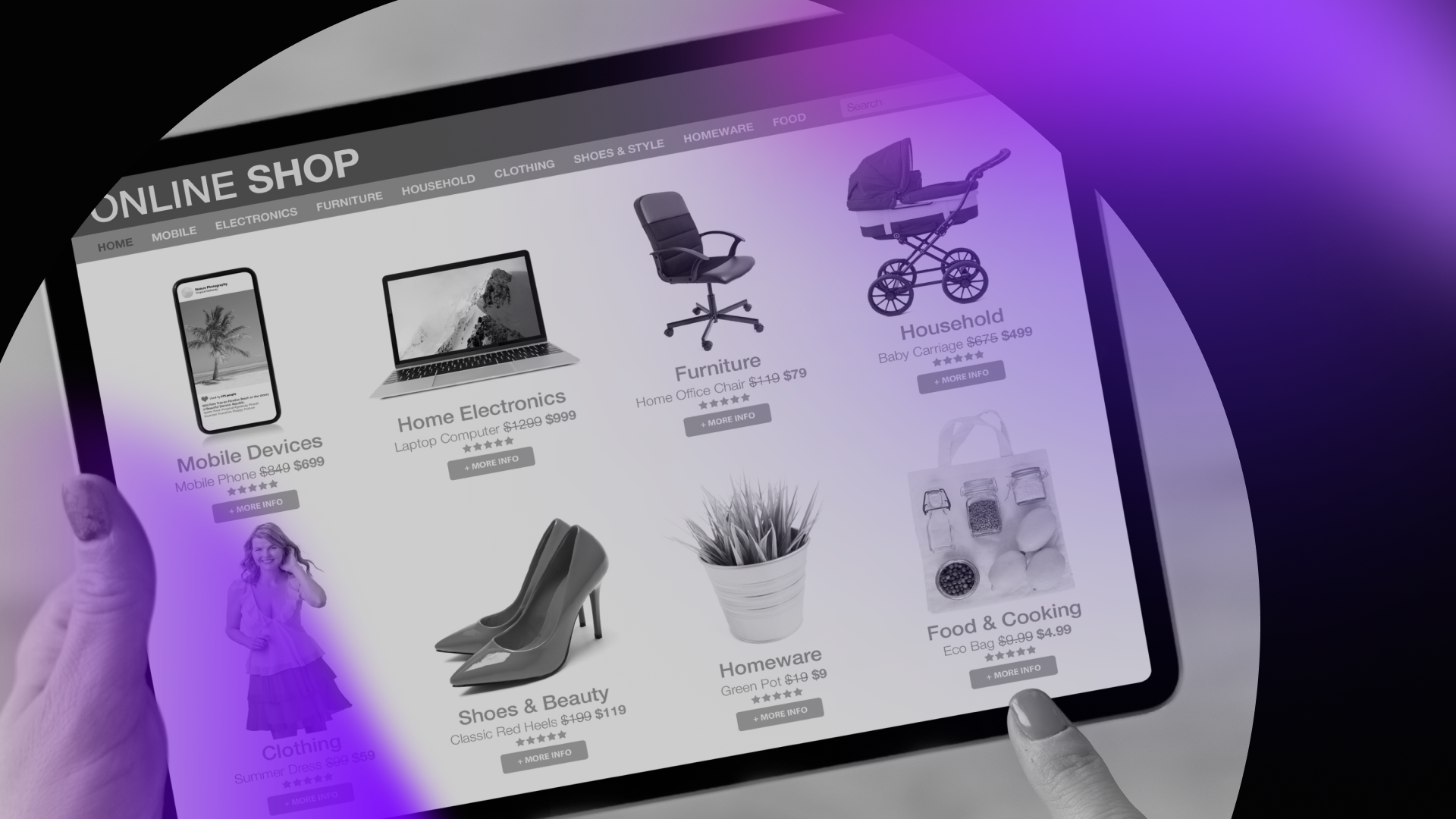 A person holds a tablet displaying an online shop with categories like electronics, furniture, clothing, and more. The image’s purple overlay adds a modern touch—perfect for a web design agency or marketing agency promotion.