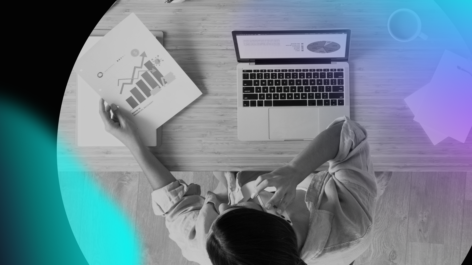 A person sits at a desk with a laptop displaying a chart, holding a printed report with graphs and data. A cup sits nearby; the blue and purple gradient overlay highlights their focus on AI SEO and digital marketing analysis.