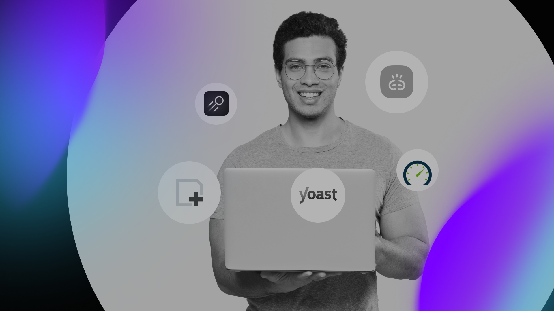 A smiling man wearing glasses holds a laptop with a yoast sticker. Surrounding him are digital marketing icons—a magnifying glass, lightbulb, plus sign, and speedometer—set against a gradient background.
