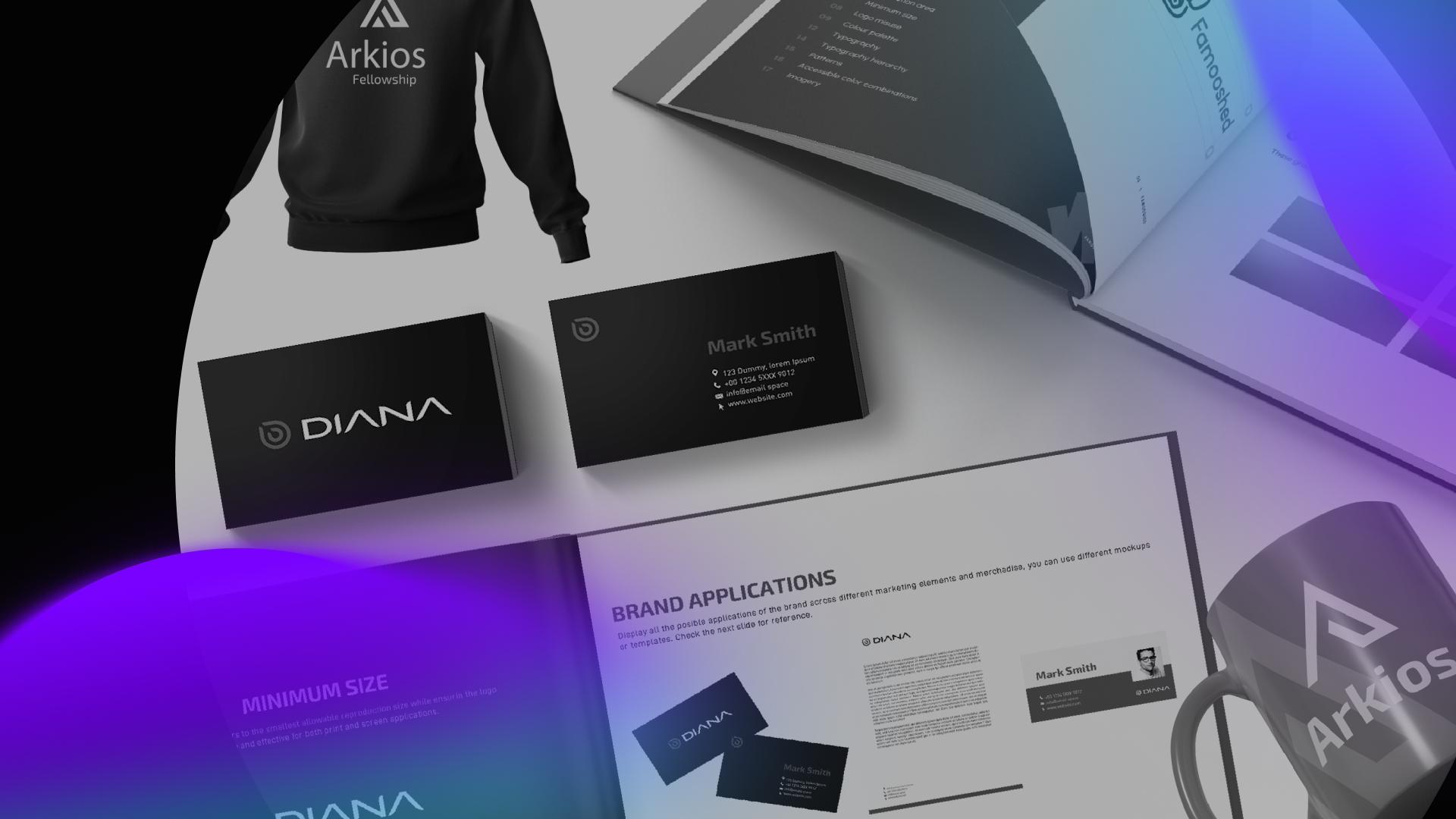 A branding mockup featuring business cards, a mug, a sweatshirt, and open brochures with “DIANA” and “Arkios,” plus blurred purple and blue light effects—perfect for showcasing your marketing agency or digital marketing brand identity.