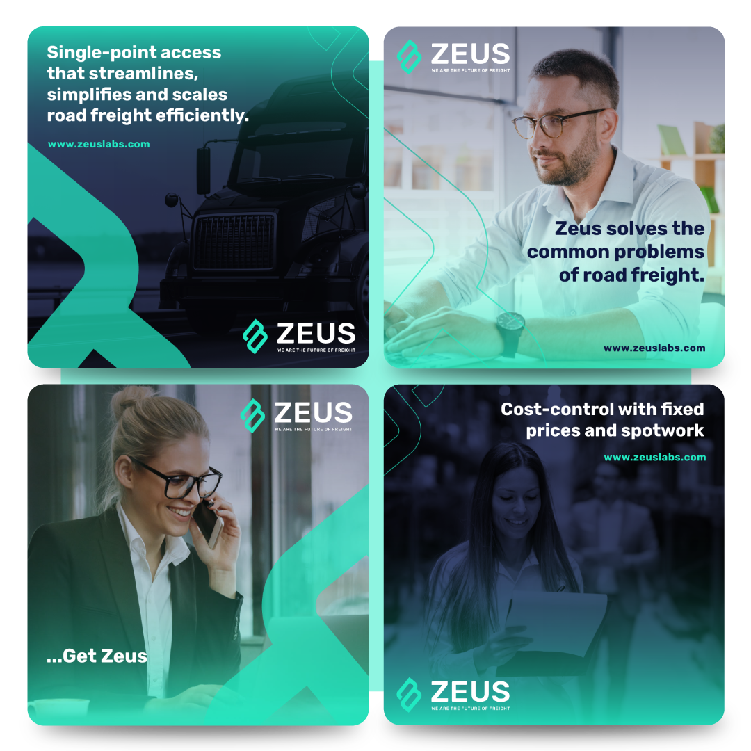A four-panel graphic promoting ZEUS, a road freight solutions company. Panels feature business professionals and text highlighting benefits like streamlined freight access, solving transport issues, fixed pricing—ideal for any marketing agency seeking reliable logistics.