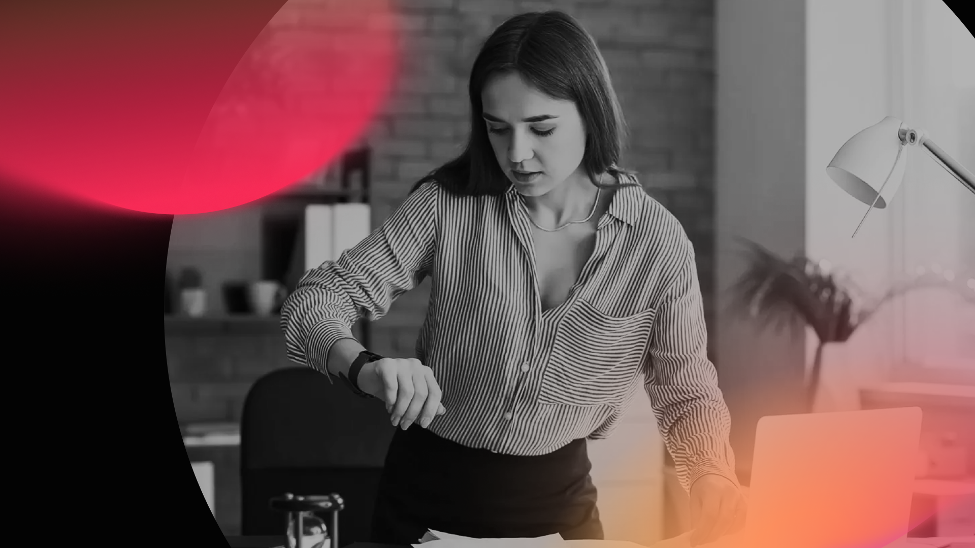 A woman in a striped shirt stands at a desk, looking at her watch with a concerned expression—perhaps waiting on results from her digital marketing campaign. Papers and a laptop sit nearby, while colorful light overlays accent the black-and-white photo.