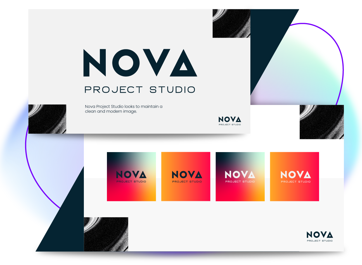 Two NOVA Project Studio branding mockups on colorful CDs. The top mockup highlights a modern logo and tagline, while the bottom displays vibrant logo color variations—perfect inspiration for any web design agency or digital marketing team.