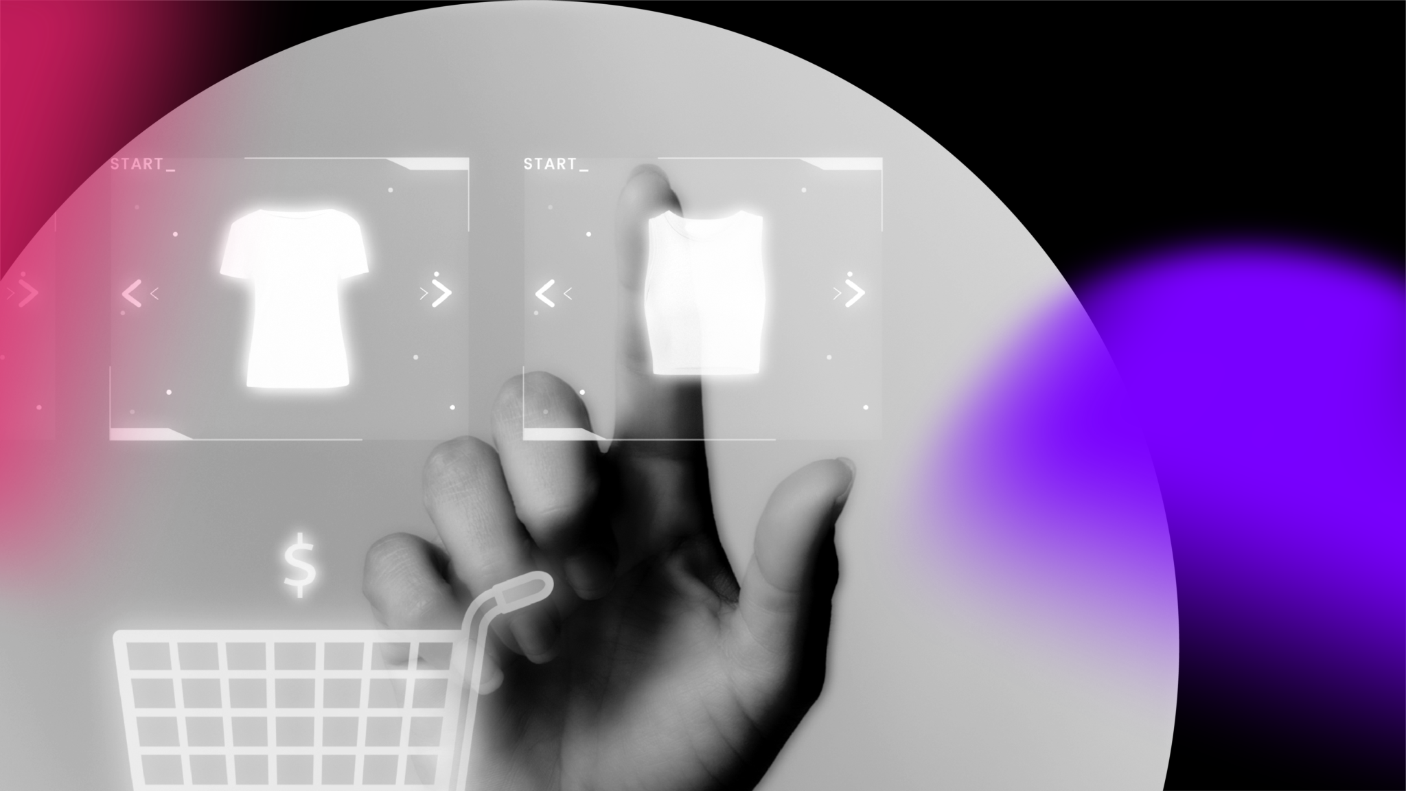 A hand interacts with virtual clothing options on a digital screen, including a t-shirt and tank top, next to a shopping cart icon, symbolizing how digital marketing is shaping online shopping in a futuristic setting with purple and pink lighting effects.