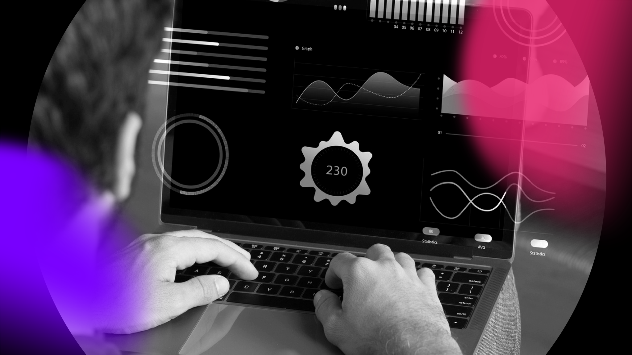 A person uses a laptop displaying various data visualizations, such as graphs, charts, and a gear icon with the number 230—perfect imagery for an AI SEO or web design agency. Pink and purple light effects overlay the black-and-white image.