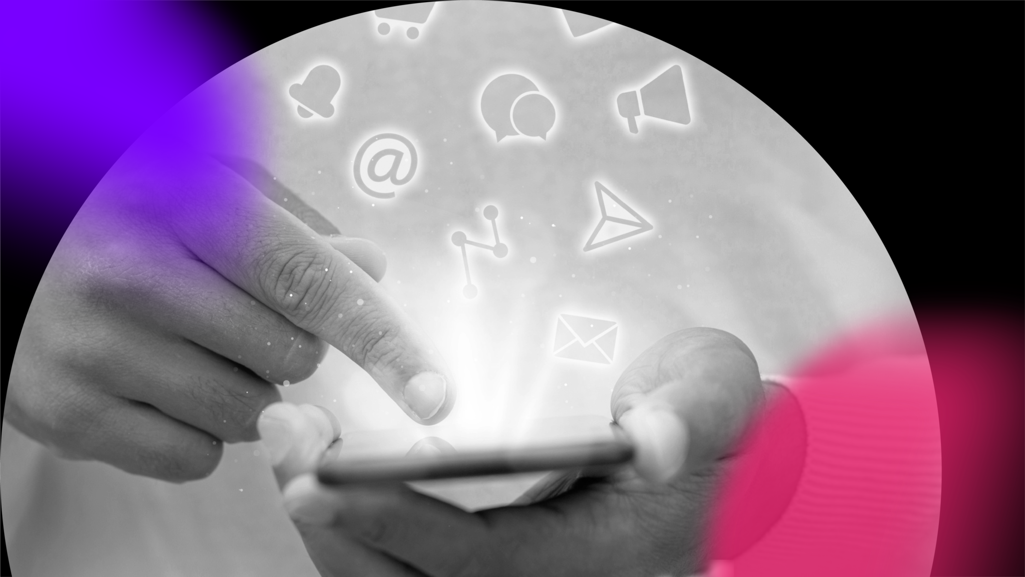 A person uses a smartphone with glowing digital icons, such as an envelope, speech bubble, and at symbol, floating above the screen—symbolizing the power of AI SEO for a modern marketing agency. The image is in black and white with purple and pink accents.