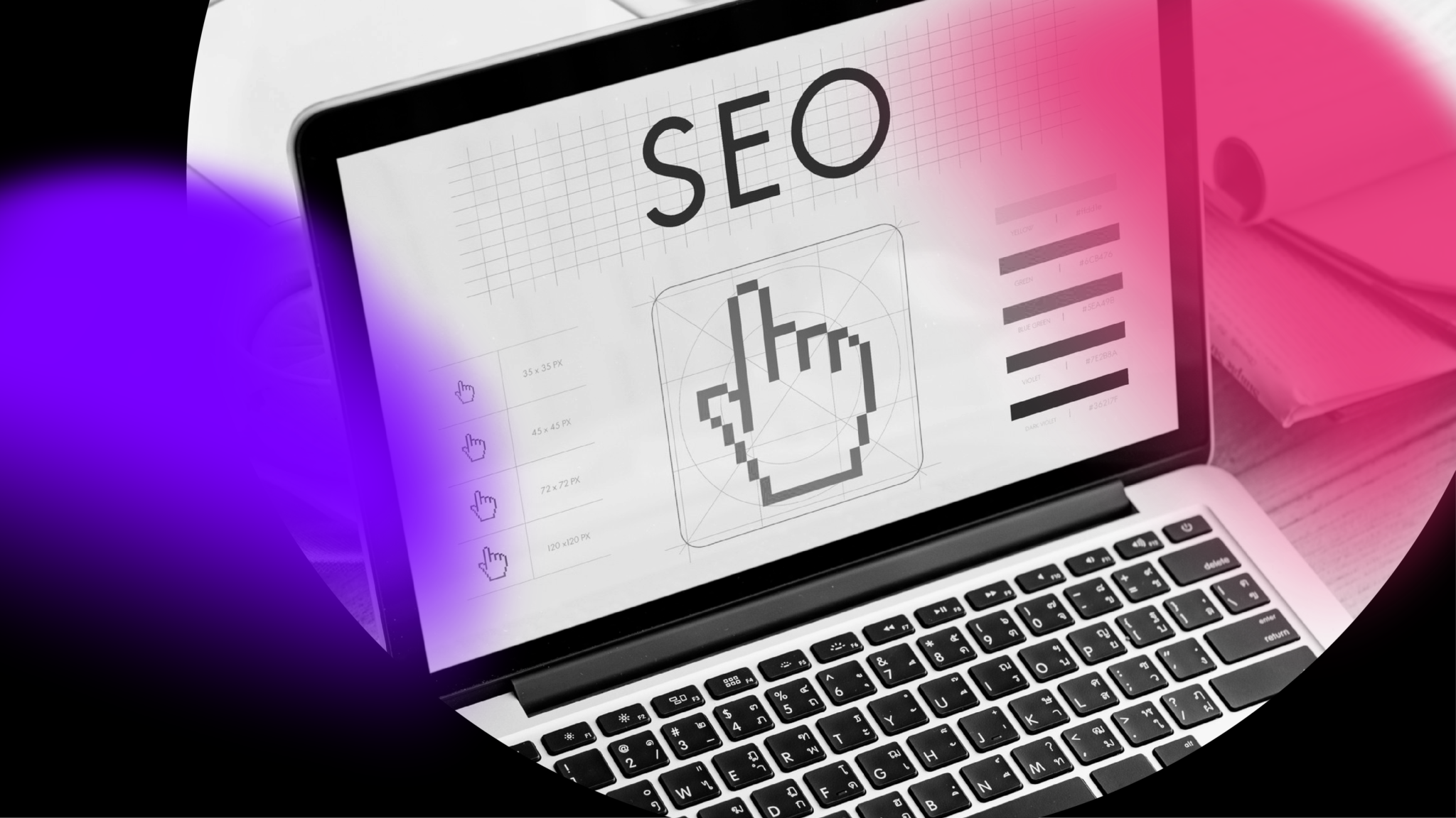 A laptop screen displays the word SEO alongside a large pixelated cursor icon and various charts, evoking the dynamic nature of Digital Marketing. The image is overlaid with purple and pink gradient light effects.