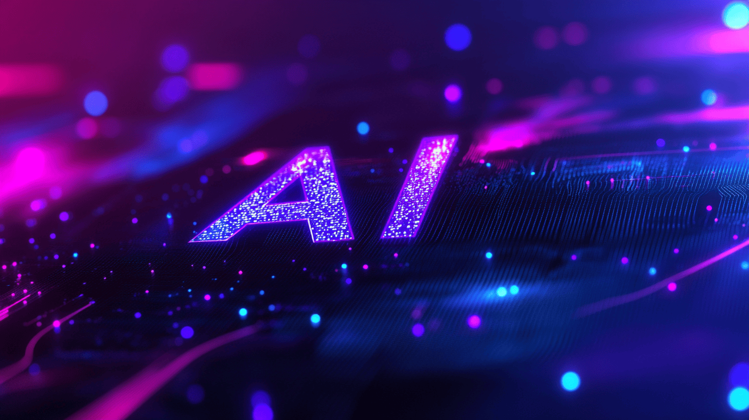 Glowing letters AI illuminated in purple and blue neon lights, surrounded by digital particles and abstract light trails, evoke the cutting-edge technology of a marketing agency specializing in AI SEO and advanced artificial intelligence solutions.