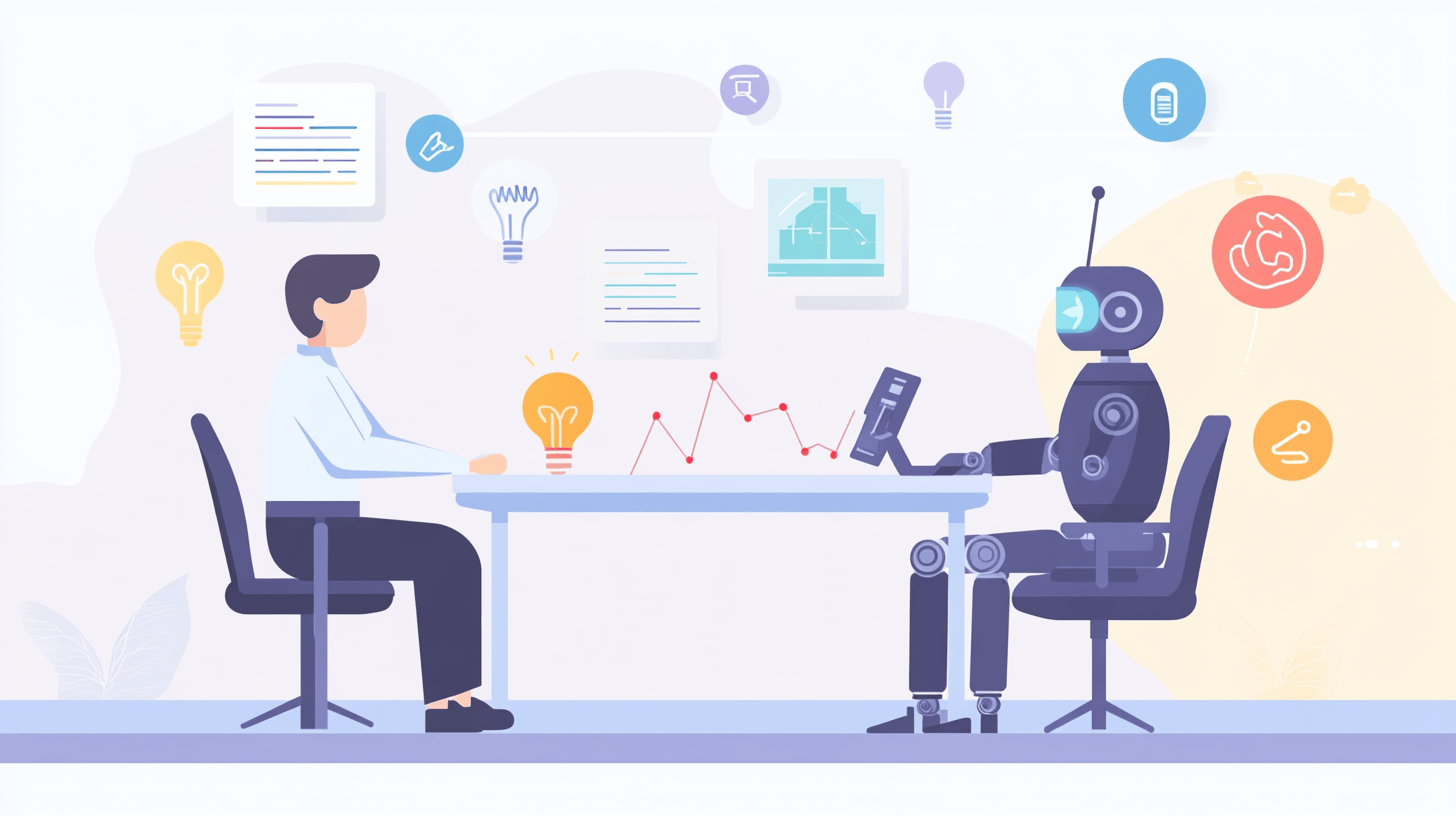 An illustration of a human and a robot sitting across from each other at a table, discussing data and charts, surrounded by icons representing technology, digital marketing, ideas, and artificial intelligence.