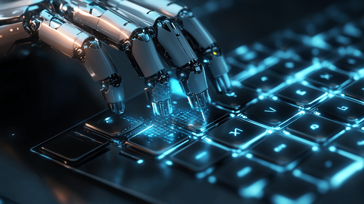 A robotic hand with metallic fingers types on an illuminated keyboard, blue glowing keys and digital light effects symbolizing advanced technology, artificial intelligence, and the future of AI SEO for a cutting-edge marketing agency.