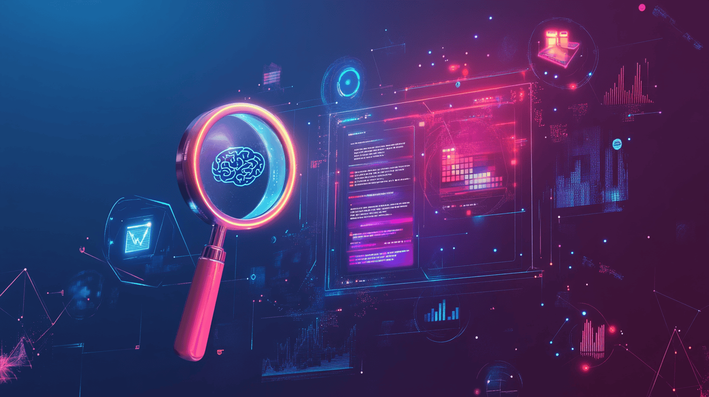 A digital illustration shows a magnifying glass focused on a brain, surrounded by futuristic data charts and glowing graphs—symbolizing AI analysis and data research central to a cutting-edge web design agency.