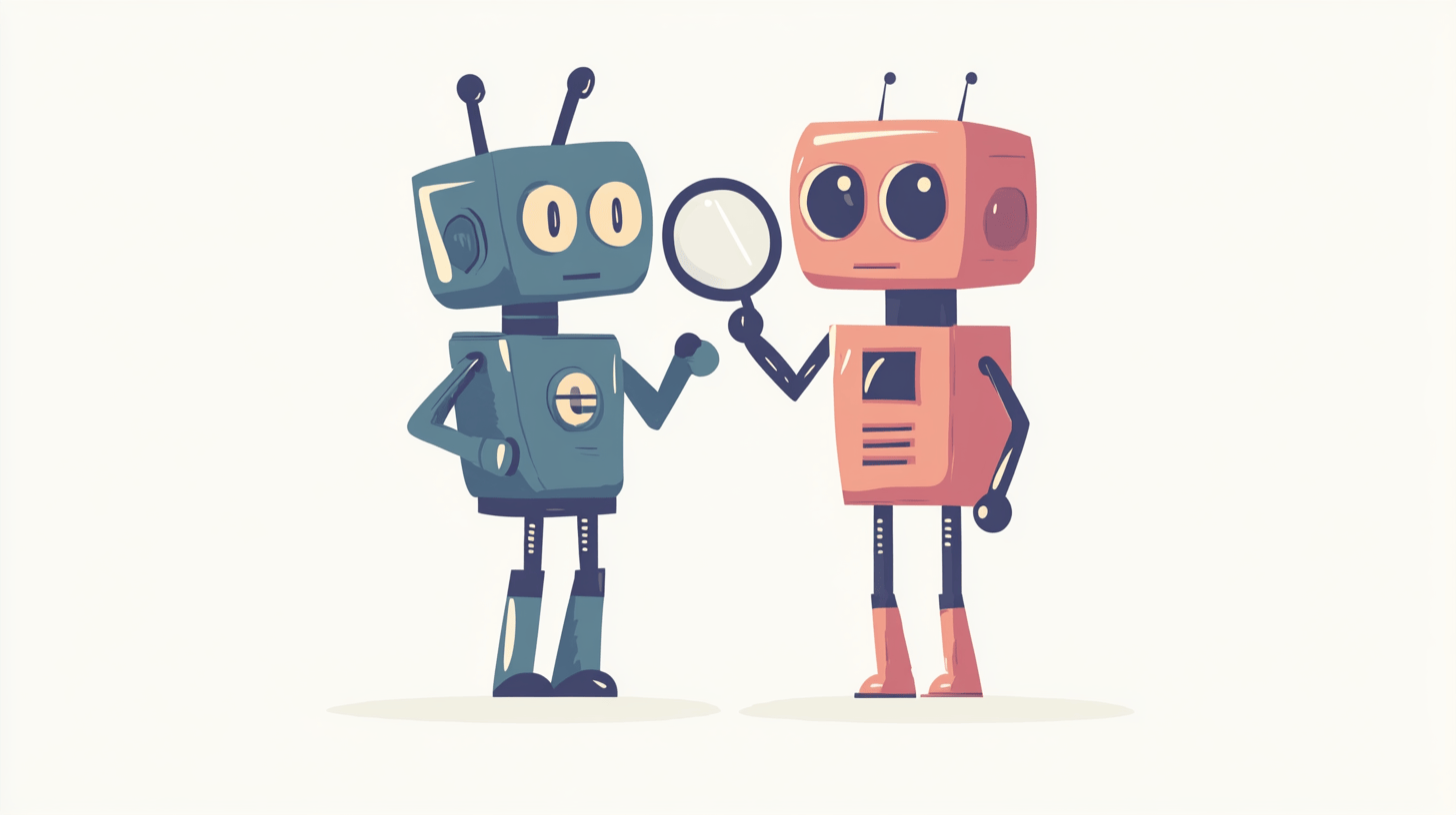 Two cartoon robots stand facing each other; one blue robot, representing AI SEO, holds a magnifying glass to examine the pink robot, who looks straight ahead. Both have antennae and expressive eyes. The background is plain and light.