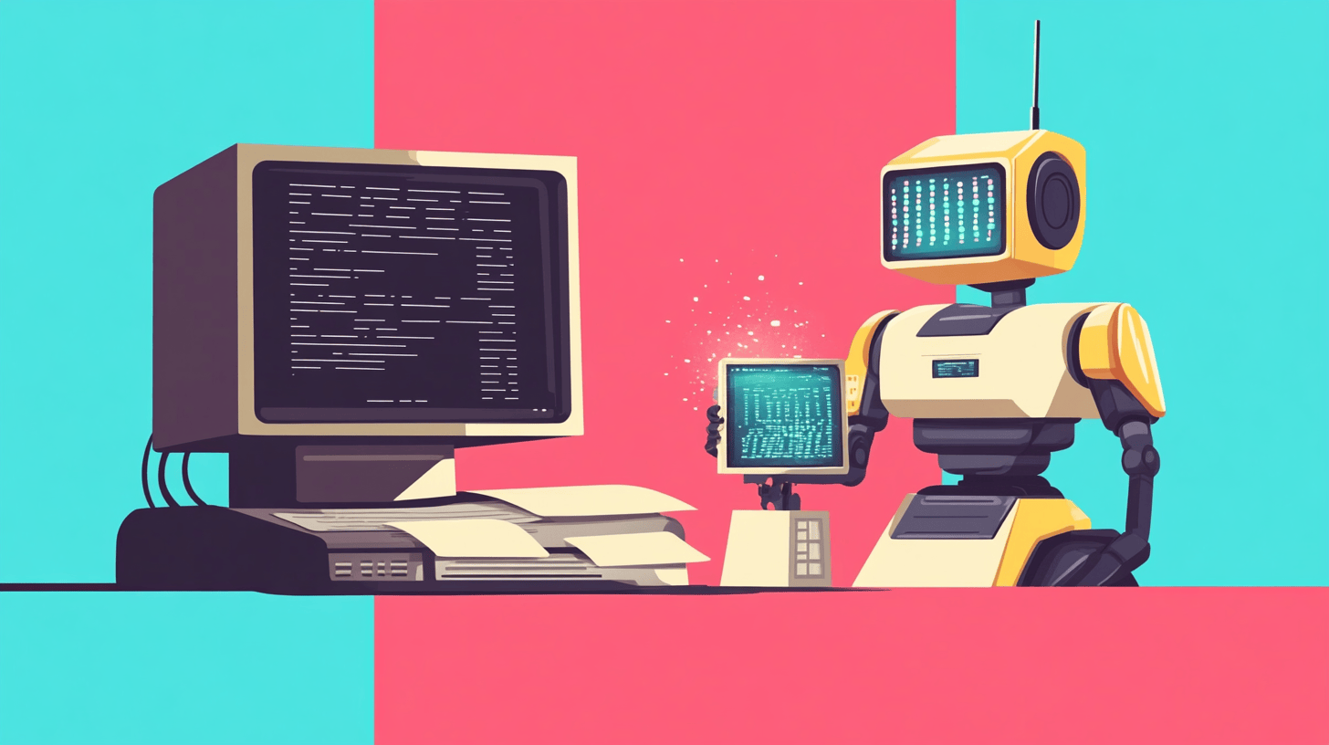 A retro-style robot holds a tablet displaying code, sitting next to an old computer with a monitor full of code, against a two-tone teal and pink background—a playful nod to modern web design agency creativity.