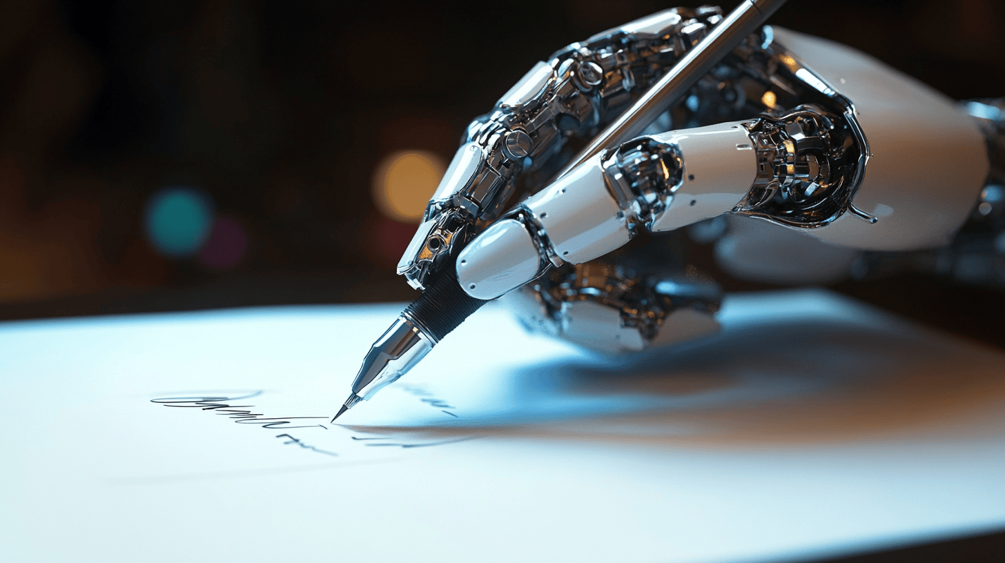 A robotic hand holding a pen writes on paper, illustrating how AI and robotics can engage in creative tasks—much like an AI SEO or web design agency harnesses technology for innovative solutions.