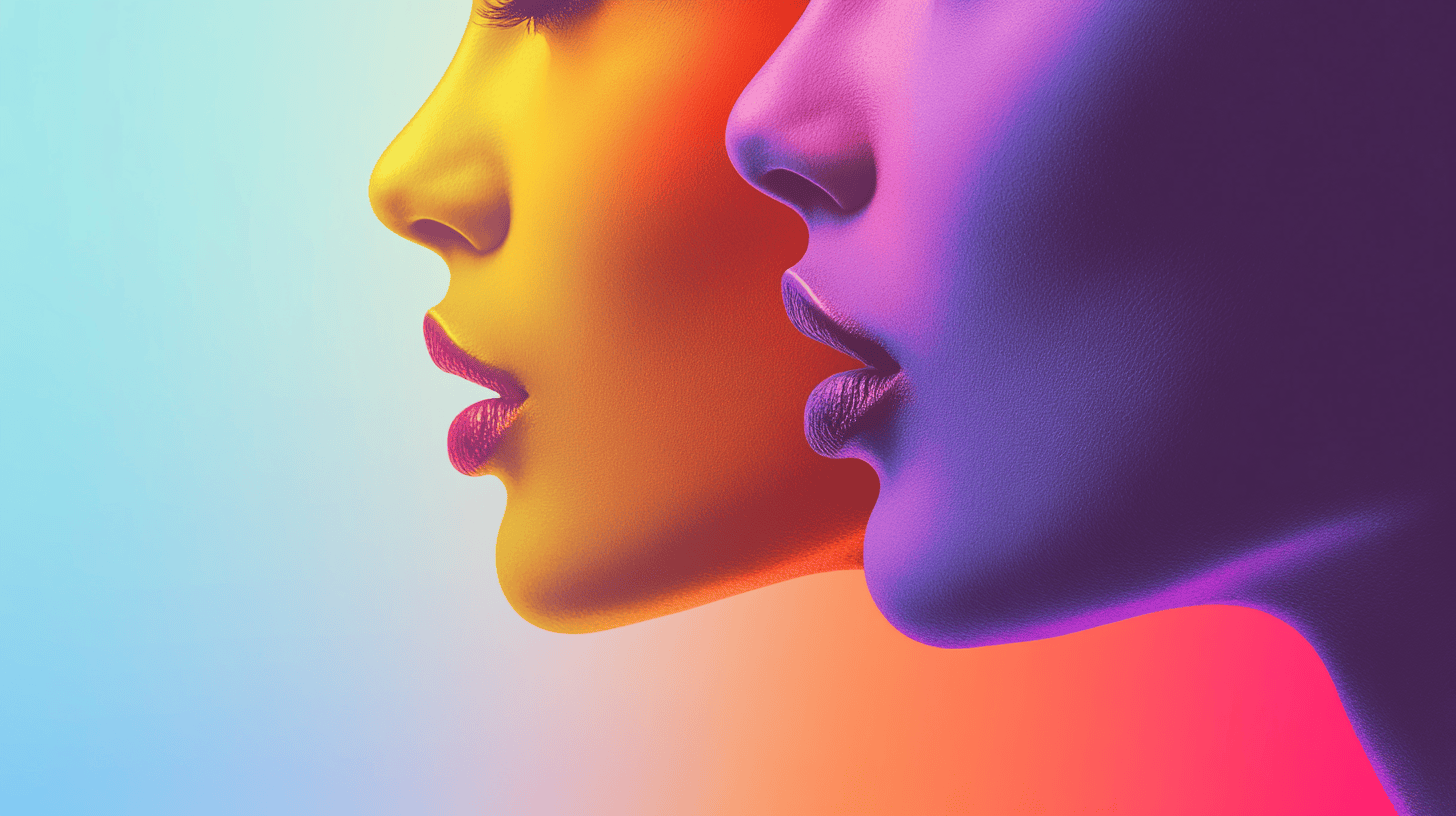 Two side profiles of women, one in vibrant yellow and orange, the other in purple and blue tones, set against a pastel gradient background—creating a striking, colorful visual contrast perfect for a marketing agency or AI SEO campaign.