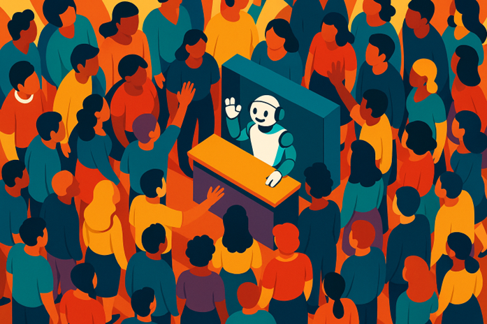 A friendly robot waves from behind a desk, surrounded by a large, diverse crowd. The colorful, lively scene highlights the robot's AI SEO expertise as it engages and educates the attentive group.