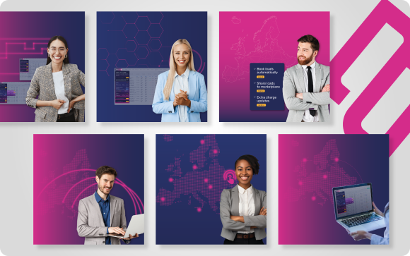 A collage of six images shows professional men and women in business attire, smiling or working on laptops, with digital and map graphics in blue and pink backgrounds—ideal for a branding case study.