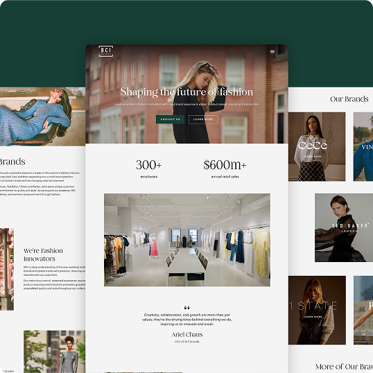A website homepage for a fashion company displays images of models, brand logos, and a modern boutique. Text highlights Shaping the future of fashion, a branding case study, over 300 employees, and $600M+ annual sales.