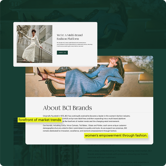 Screenshot of a fashion website featuring women in stylish outfits, with text about BCI Brands, highlighting phrases like forefront of market trends and women’s empowerment through fashion—a compelling branding case study.