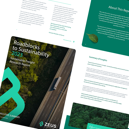 An open report titled Roadblocks to Sustainability 2023: Sustainable Freight Research Report by ZEUS, featuring pages with text, summary sections, and images of a highway, a truck, green forests, and a leaf—ideal for a sustainability-focused branding case study.