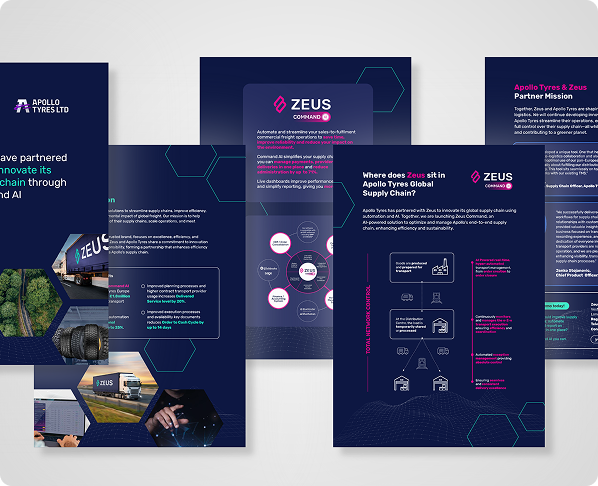 A set of five overlapping digital flyers featuring Zeus and Apollo Tyres branding, text, graphics, and diagrams about AI-driven supply chain innovation—presented as a branding case study on a white background.