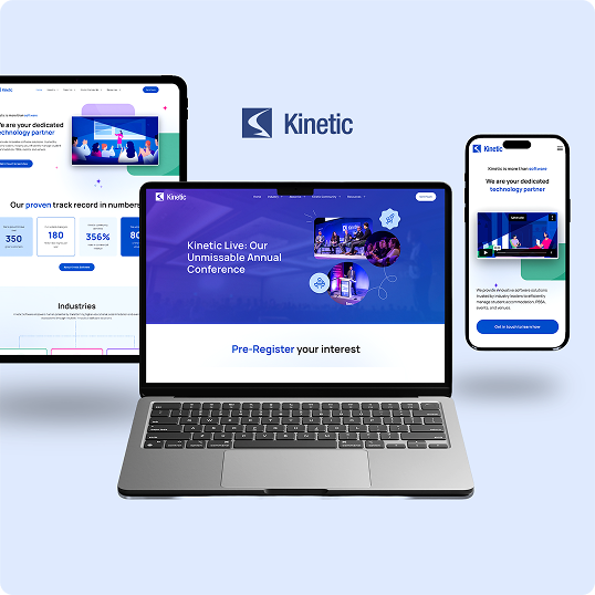A laptop, tablet, and smartphone display the Kinetic company’s website with conference and tech imagery, highlighting a branding case study. The Kinetic logo appears above against a light blue background.