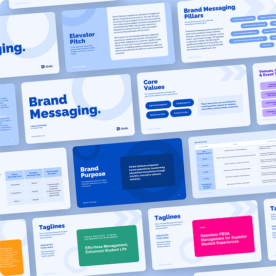 A digital collage of slides showcases brand messaging elements, including sections labeled Brand Messaging, Elevator Pitch, Core Values, and Taglines, in a clean blue and white design—ideal for a branding case study presentation.