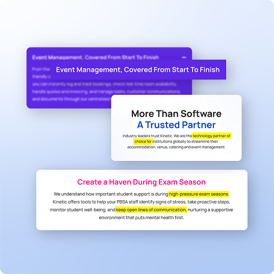 A graphic with three overlapping text boxes illustrates a branding case study. The top box is purple with white text, the middle is white with blue and black text, and the bottom is white with red and black, highlighting key phrases in blue, green, and yellow.