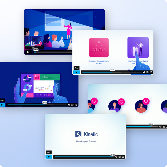 Five illustrated video thumbnails show scenes of presentations, graphs, technology interfaces, and icons for property and event management—each reflecting a branding case study. Avatars with hearts and a slide display the Kinetic logo with the tagline, “Here for you. Forever.”.