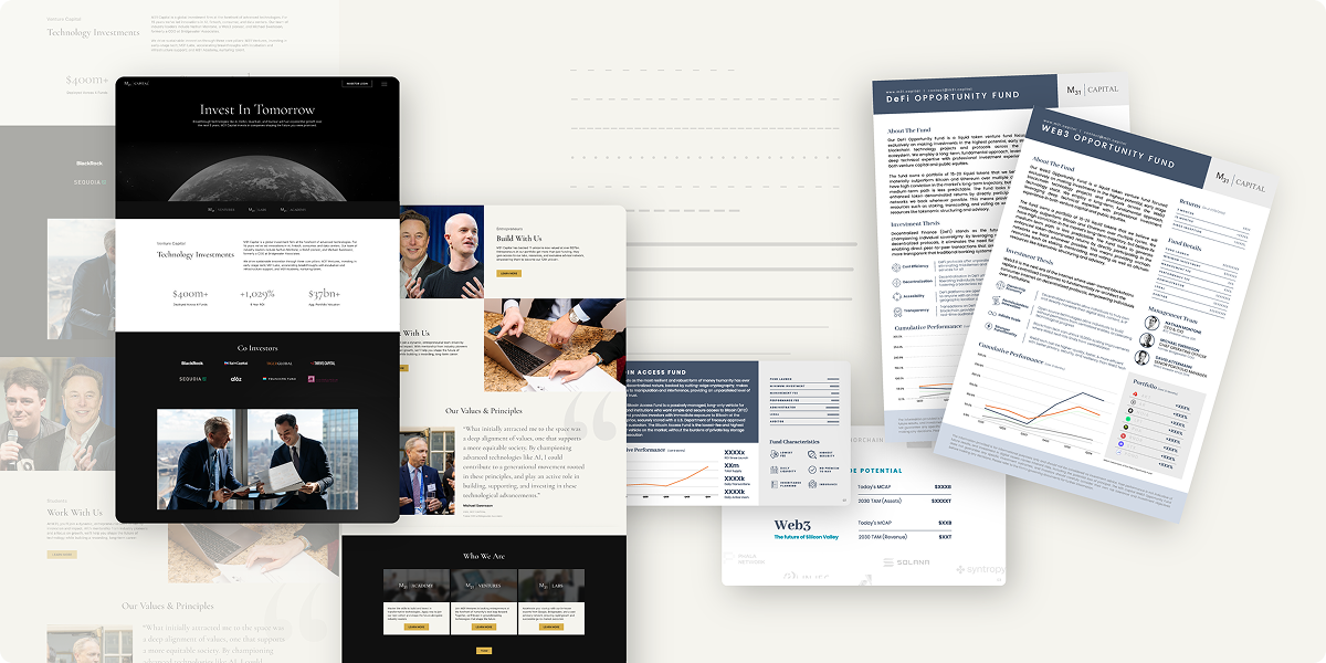 A collage of website mockups and financial documents with charts, tables, and images of people in business attire, showcasing investment information and branding case study insights on a light background.