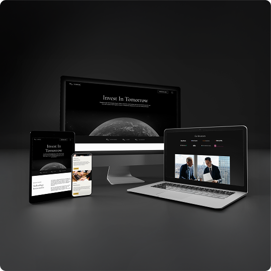 A desktop computer, laptop, tablet, and smartphone are displayed against a dark background, each showcasing a business-themed website with the phrase Invest In Tomorrow on their screens—a perfect snapshot for a branding case study.