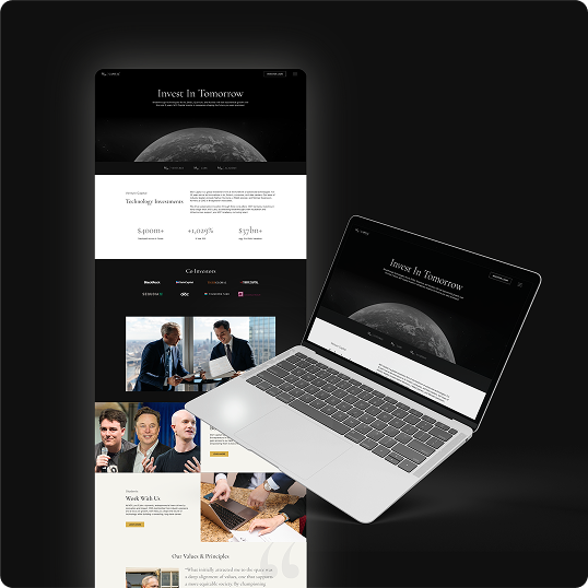 A silver laptop is displayed on a dark background, showcasing a branding case study website with the headline Invest In Tomorrow and images of people in business settings, plus sections for technology investments and company information.