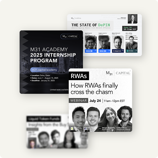A collage of promotional graphics showcases M31 Capital events—including a branding case study, an internship program, a “State of DePIN” webinar, and an “RWAs” webinar—each with event dates, times, and speaker headshots on light backgrounds.