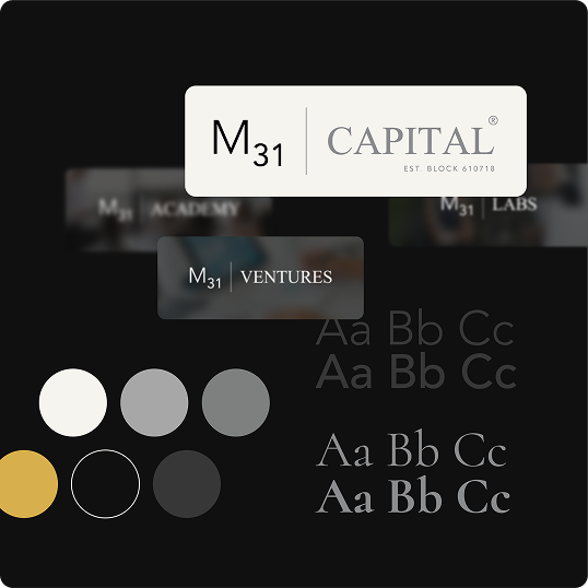 A branding case study board for M31 Capital featuring the logo, font styles in uppercase and lowercase, and a color palette with white, black, gold, and shades of gray.