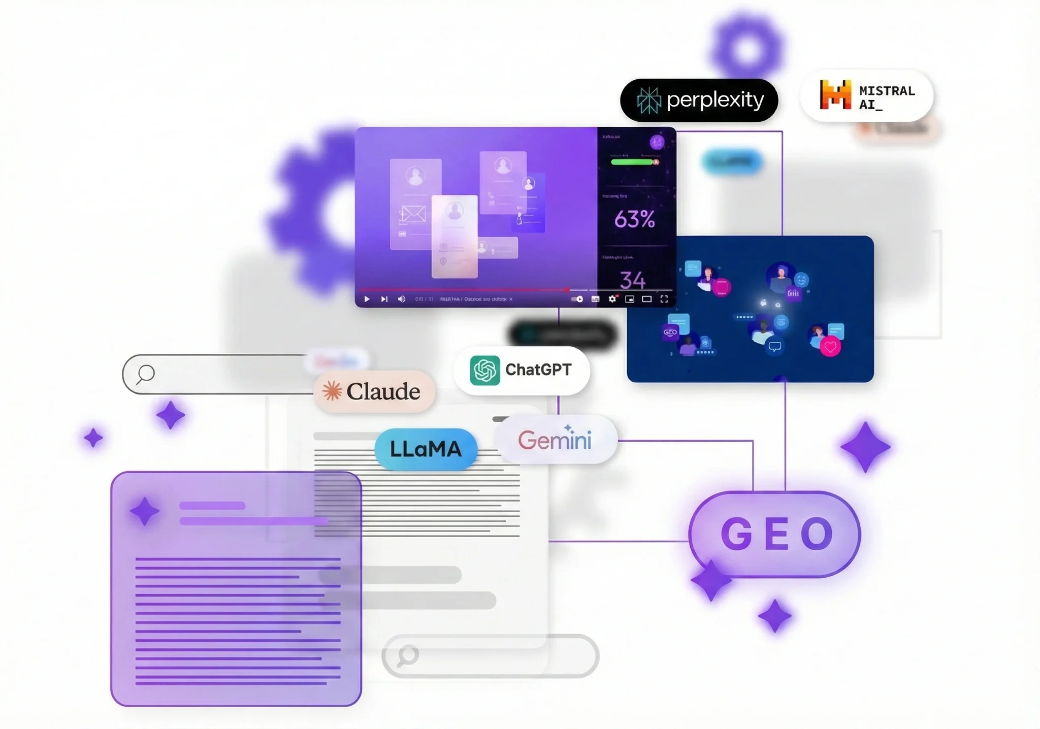 A digital collage featuring AI chatbot logos—ChatGPT, Claude, Gemini, Llama, Perplexity, and Mistral AI—overlaid on abstract search bars and interface screens with a prominent “GEO” label, ideal for a branding case study.