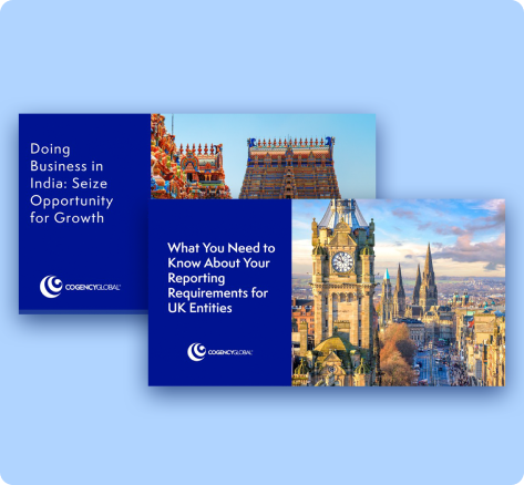 Two informational banners showcase Cozentic Global's branding case study: one features an Indian temple highlighting business opportunities, the other displays a UK cityscape detailing reporting requirements for entities.