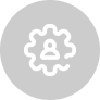 A white outline of a person inside a gear shape, centered on a gray circular background. The icon suggests settings, user management, or branding customization options.