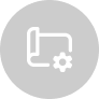 A white icon of a rolled-up document with a gear symbol in front, representing branding, set against a light gray circular background.
