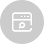 A white icon of a web browser window with a magnifying glass in the center, symbolizing search and branding, set against a light gray circular background.