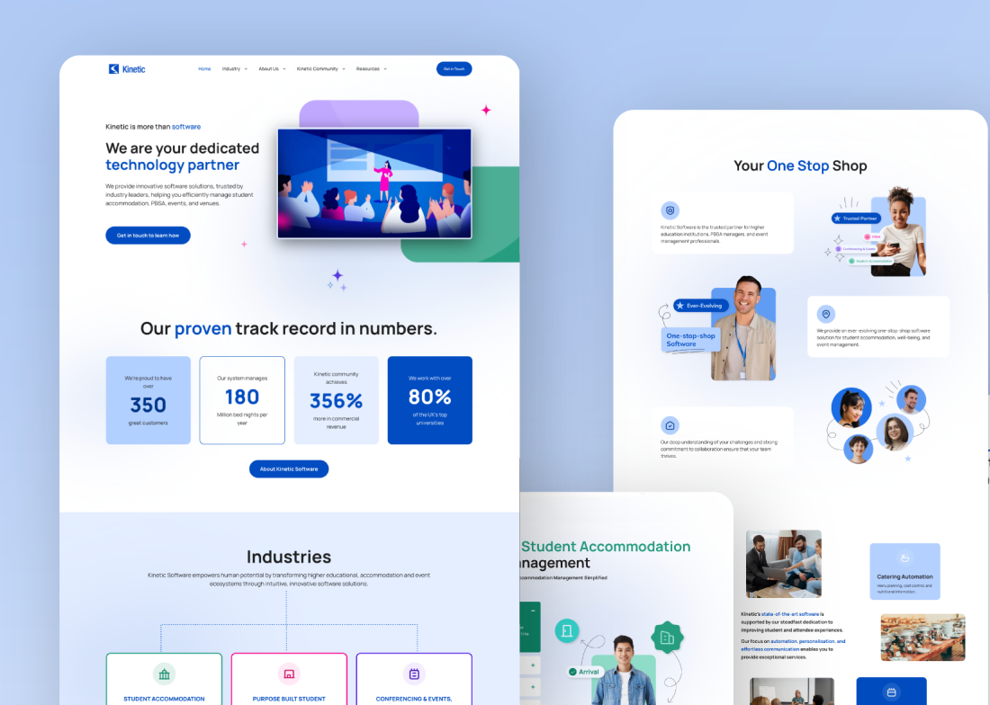 A modern website design mockup featuring business software services, key statistics, illustrated people at a presentation, industry categories, and team members, all in a blue and white color scheme with clean, minimal branding.
