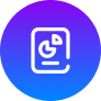 White icon of a document with a pie chart and bar, centered on a circular gradient background that transitions from purple to blue—perfect for adding a modern touch to your branding.
