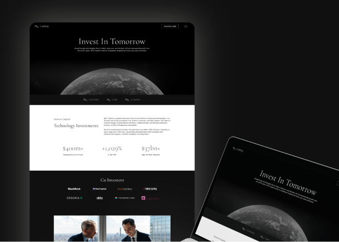 A website displays an investment firm’s homepage with a dark theme and strong branding, featuring a partial view of Earth from space, financial statistics, company logos, and a business meeting photo. A laptop screen shows the same website.
