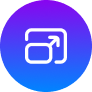 A white icon of a square with an arrow pointing up and to the right, inside a purple and blue gradient circle, representing the action to open or expand something, perfect for modern branding elements.