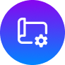 White icon of a rolled-up document with a gear symbol in front, centered on a blue-to-purple gradient circular background, perfect for showcasing branding elements.