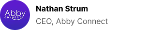 A purple circle logo featuring Abby Connect enhances the branding next to bold text Nathan Strum, with the title CEO, Abby Connect below it on a light gray background.