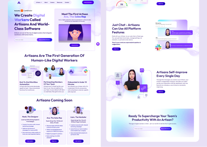A vibrant, two-page website layout features information about digital workers called “Artisans.” It highlights branding, features, benefits, upcoming releases, testimonials, and includes images of people, icons, and colorful text sections.