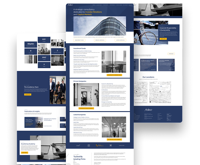 A modern business website layout with a blue and white color scheme, featuring strong branding elements, sections for investment funds, private and listed companies, images of office buildings, business people, and maps of office locations.