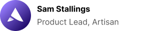 Profile icon with a purple circle and white abstract shape, showcasing distinctive branding, sits next to bold text Sam Stallings and smaller text Product Lead, Artisan on a light background.