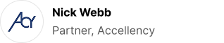 Logo with stylized letters Acy on the left, reflecting strong branding. Next to it, bold text reads Nick Webb with Partner, Accellency below in lighter font.