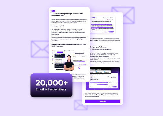 Three digital newsletter previews overlap on a purple background with envelope icons, highlighting strong branding. A purple box in front reads 20,000+ Email list subscribers. One newsletter features a woman in black standing with arms crossed.